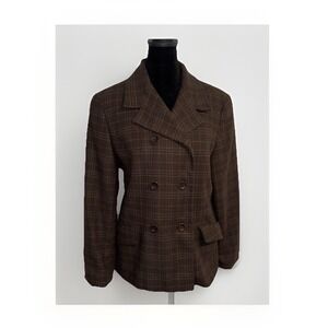 Vintage Ann Taylor Loft Brown Plaid Wool Double Breasted Blazer Size 10P Y2K
